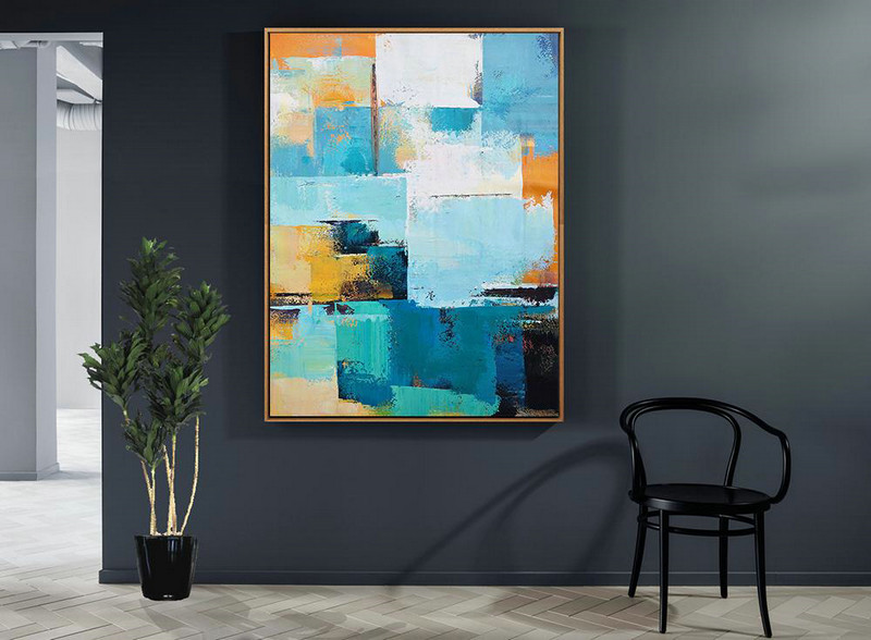 Large Contemporary Art Canvas Painting,Vertical Palette Knife Contemporary Art,Custom Canvas Wall Art,White,Blue,Orange,Yellow.etc